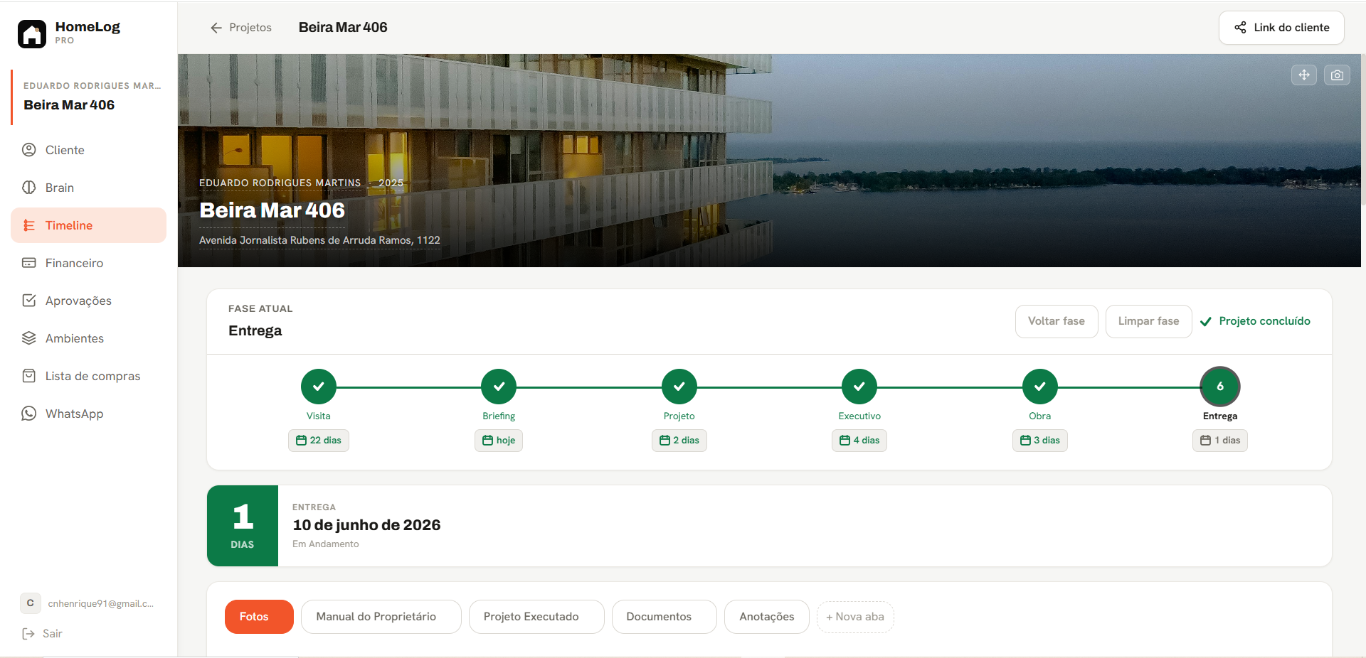Timeline — página completa do projeto Beira Mar 406
